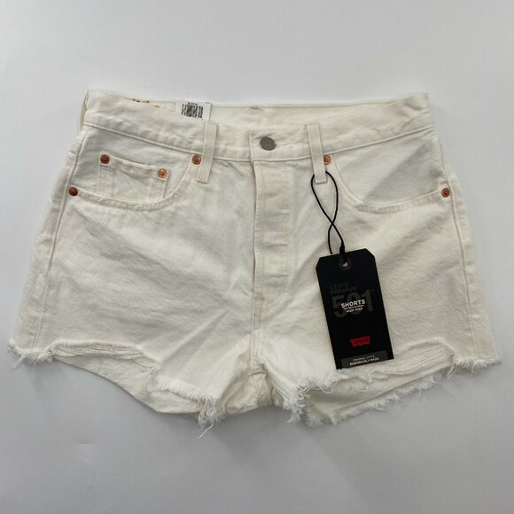 Levi's 501 High Rise Shorts White Denim sz 29 Keep It Clean Distressed Hem - Picture 1 of 10